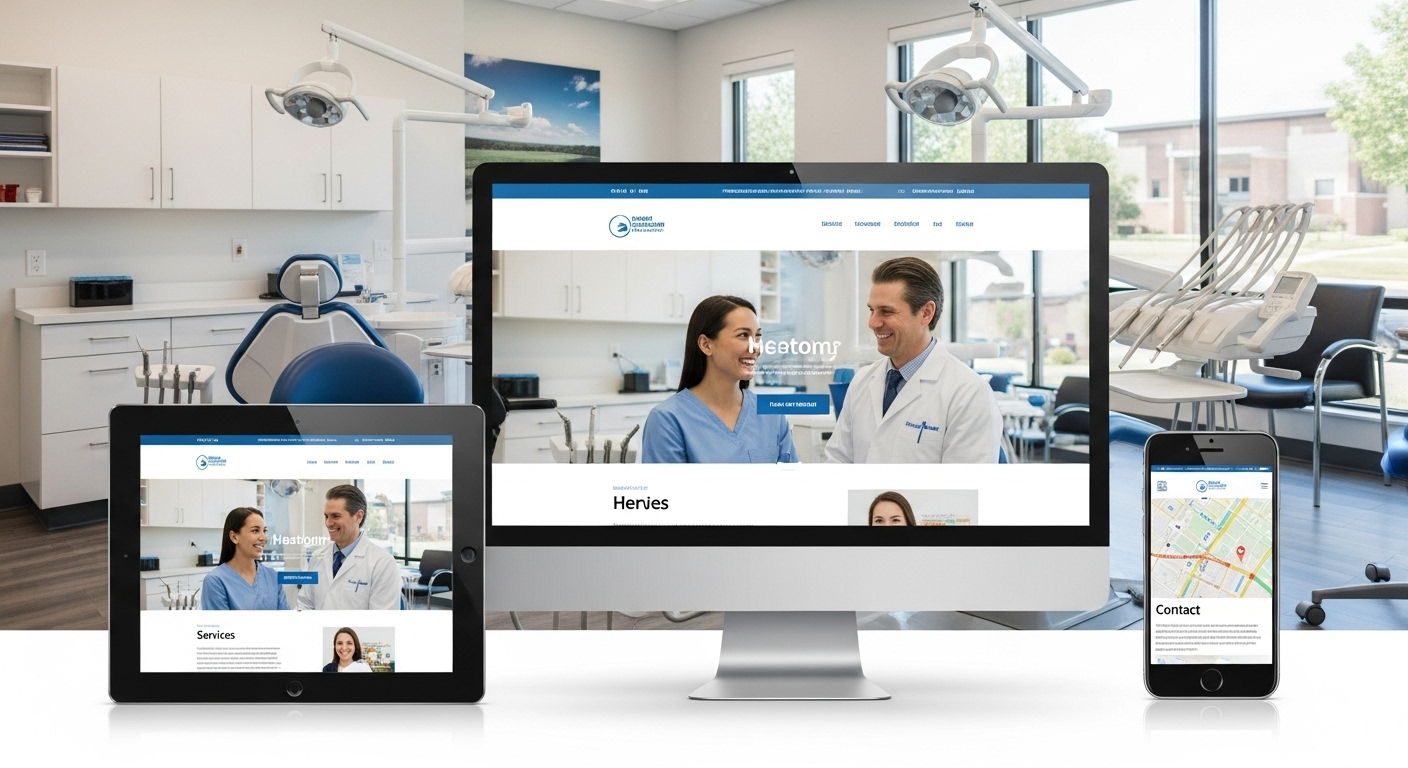 Professional dental practice website example showing responsive design across desktop, tablet, and mobile devices