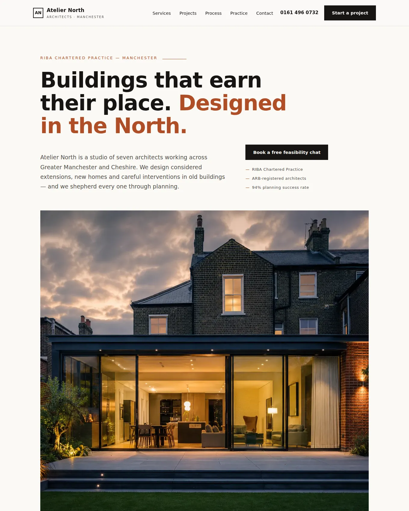 Homepage of Atelier North Architects, an example website built by George for an Architecture Studio
