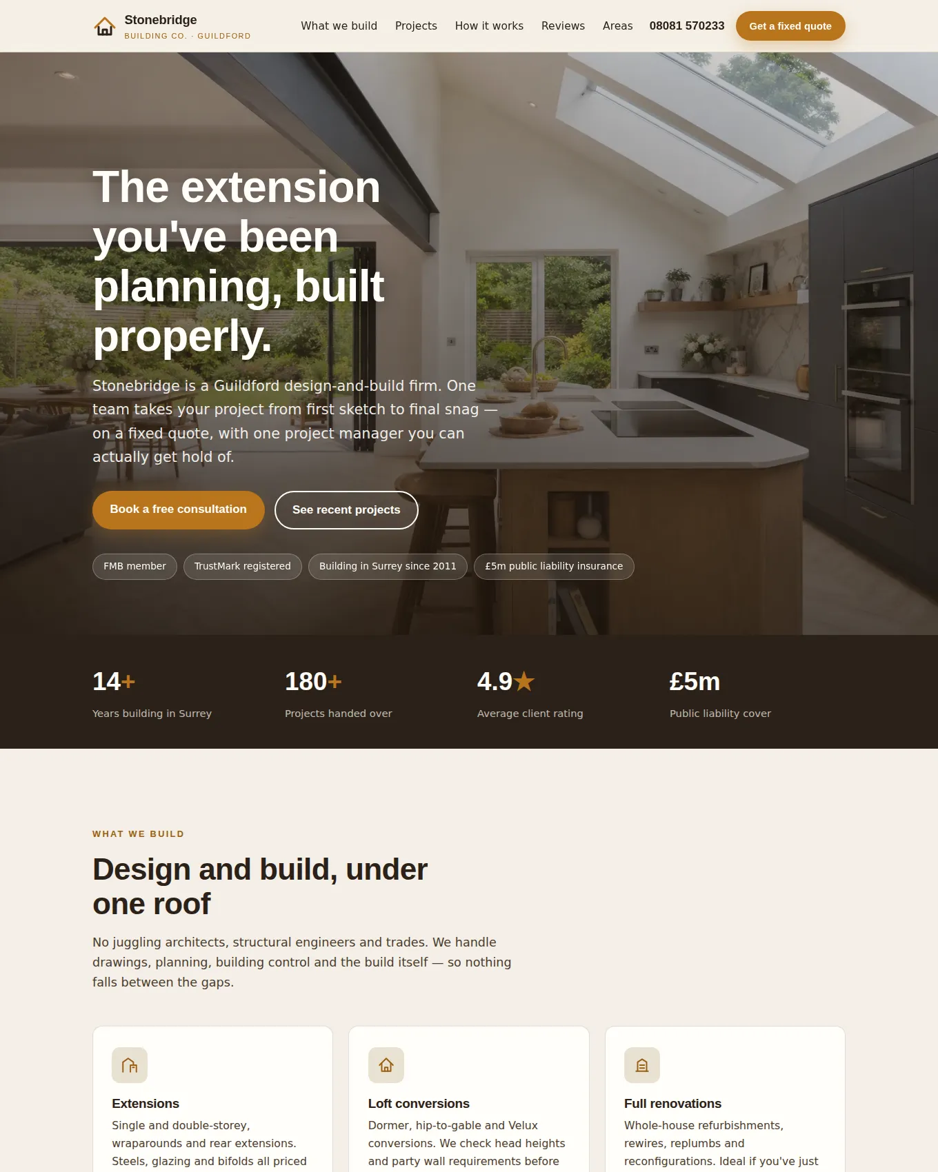 Homepage of Stonebridge Building Co., an example website built by George for a Building Firm