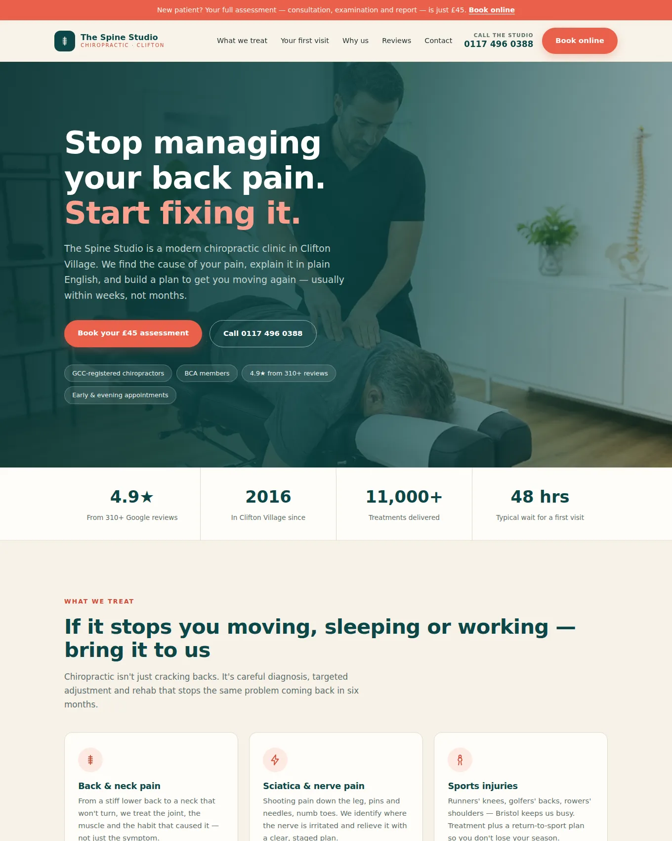 Homepage of The Spine Studio Chiropractic, an example website built by George for a Chiropractic Clinic