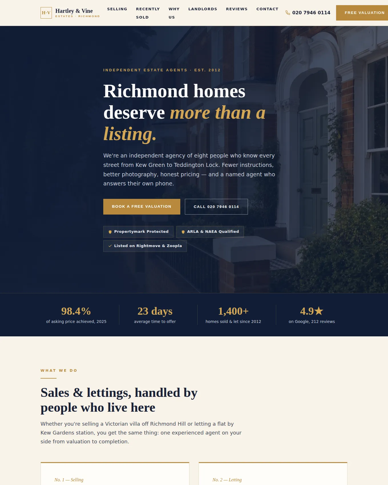 Homepage of Hartley & Vine Estates, an example website built by George for an Estate Agency