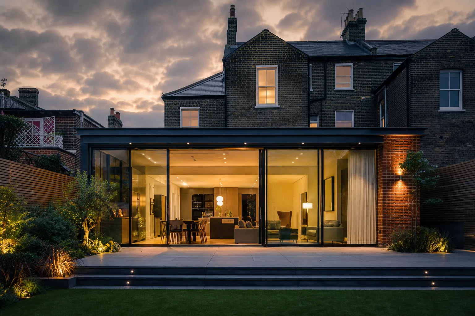 A light-filled rear extension with exposed brick, black-framed glazing and a long oak dining table
