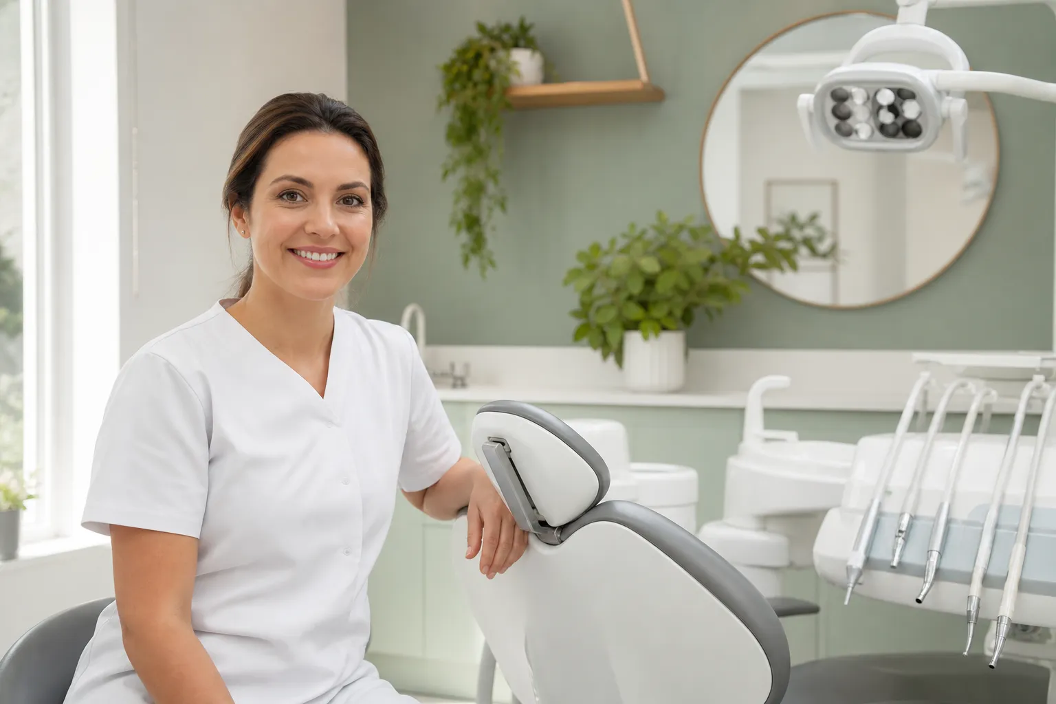 The bright, calm reception of Willow Lane Dental in Cheltenham, with soft seating and plants