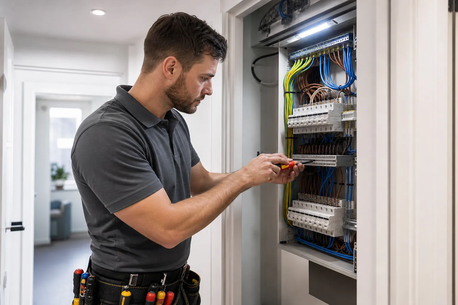 An electrician in workwear fitting a modern consumer unit in a Nottingham home