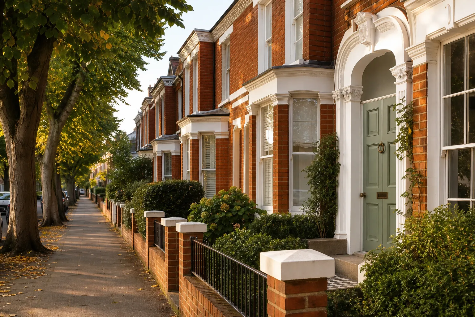 A handsome terrace of period homes near Richmond Green in golden evening light