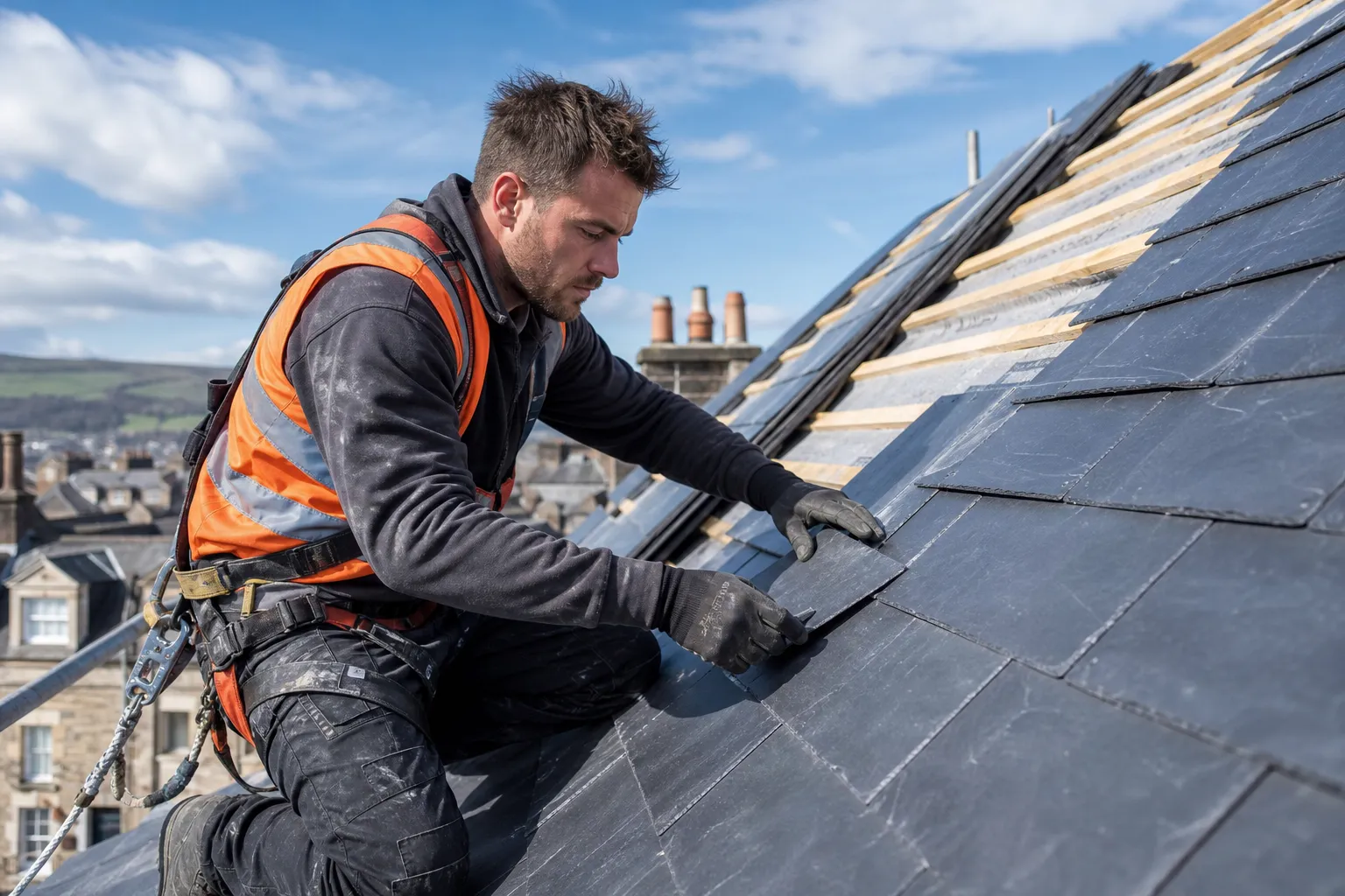 A roofer laying new slate tiles on a pitched roof above Sheffield rooftops