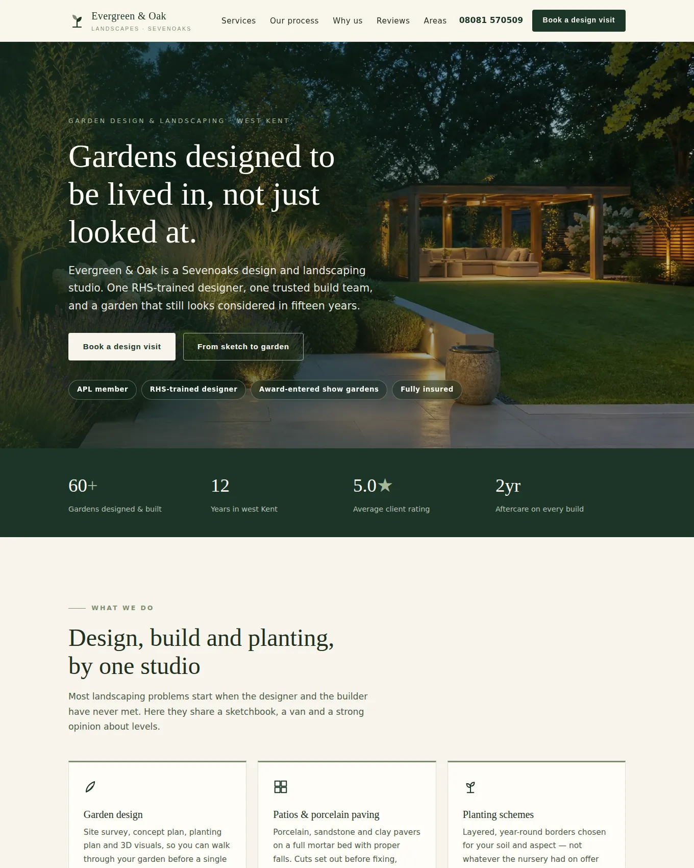 Homepage of Evergreen & Oak Landscapes, an example website built by George for a Landscaping Company