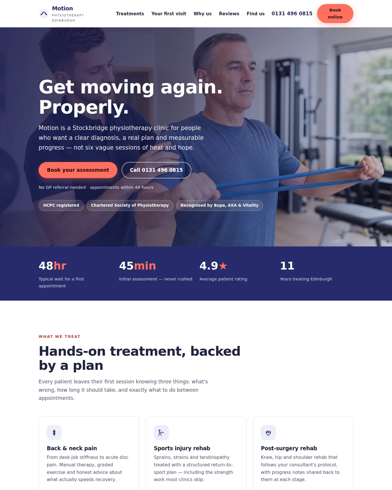 Homepage of Motion Physiotherapy, an example website built by George for a Physio Clinic