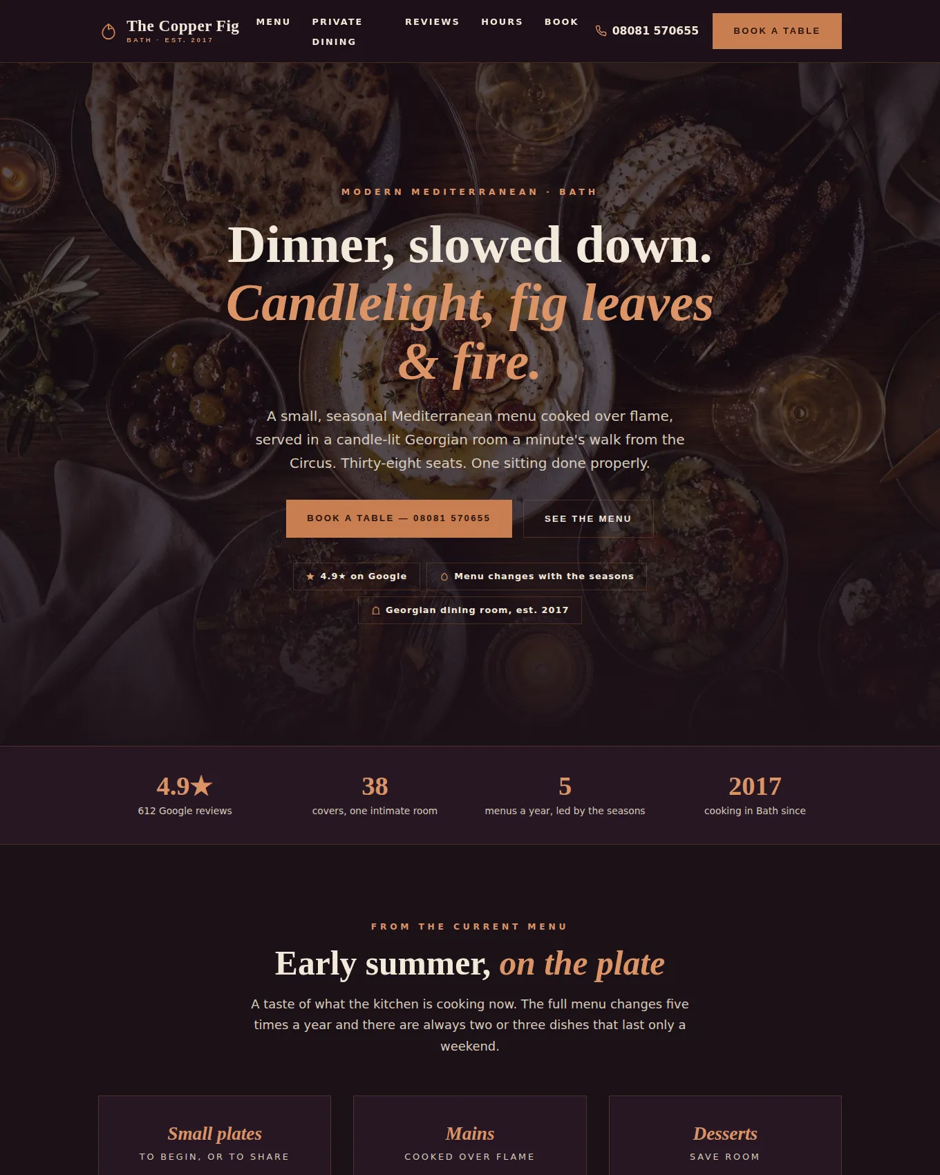 Homepage of The Copper Fig, an example website built by George for a Restaurant