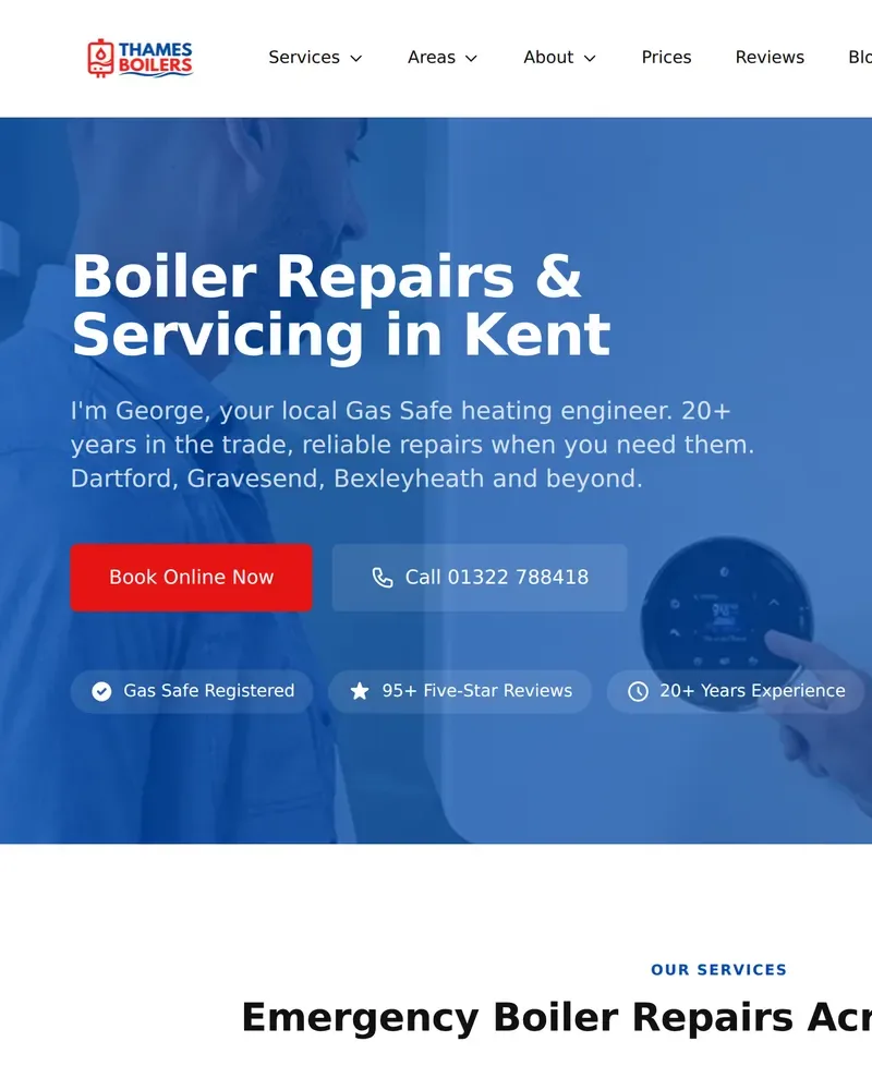 Homepage of Thames Boilers, an example website built by George for a Plumbing & Heating Firm