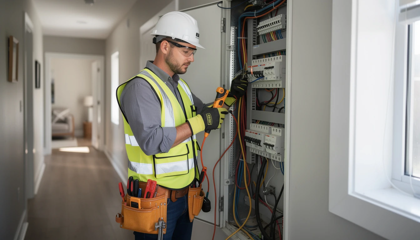 Professional electrician working on electrical panel