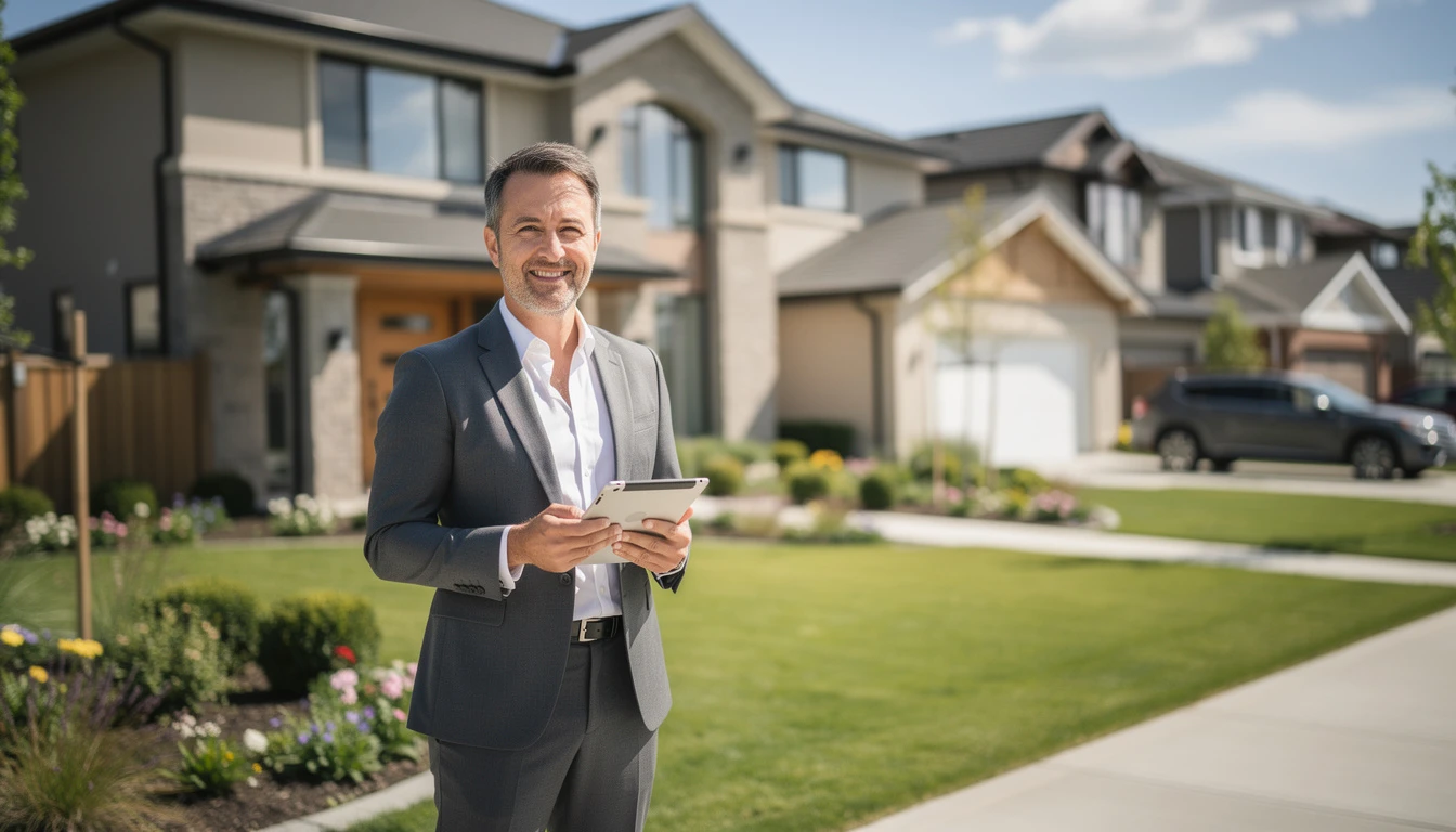 Professional estate agent outside properties