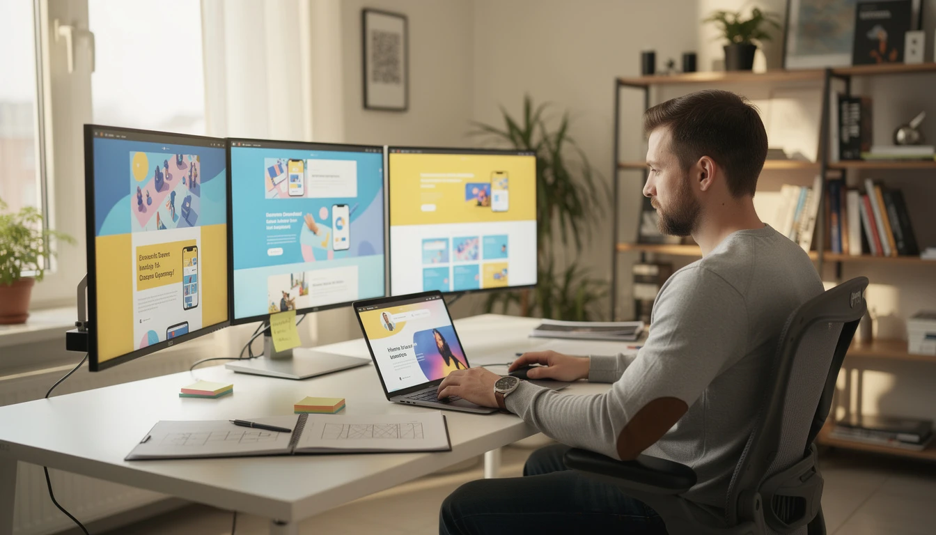 Professional web designer working at desk with multiple monitors showing websites