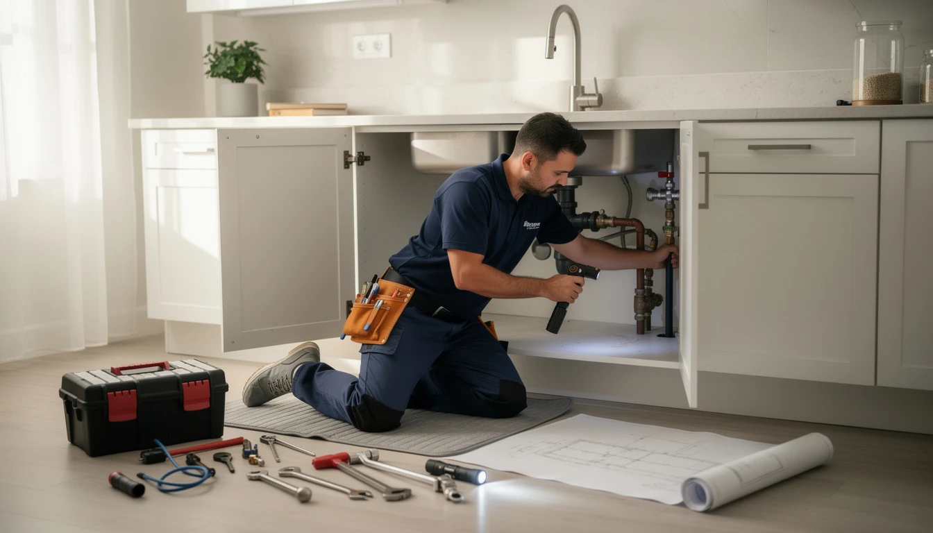 Professional plumber working under sink with tools